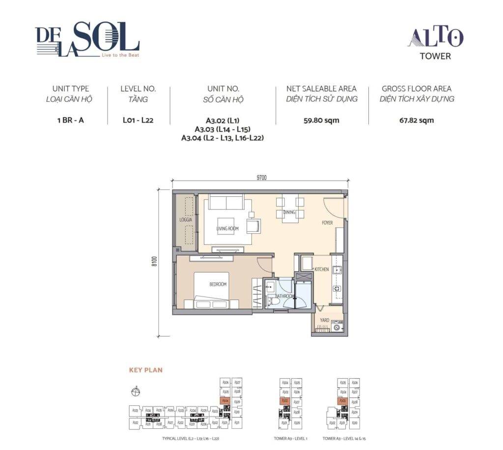 Mặt bằng căn hộ 1PN tháp ALTO dự án DE LA SOL Quận 4