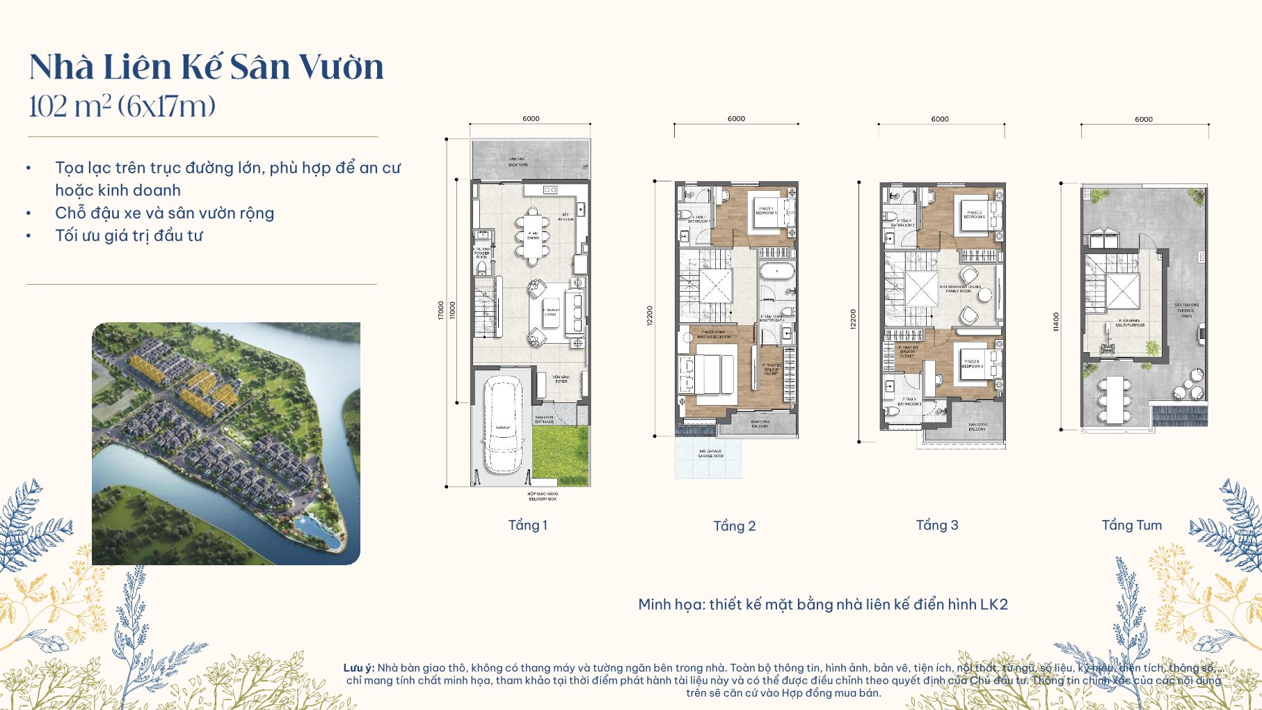 Mặt bằng nhà liên kế sân vườn Gladia 102m² (6x17m)