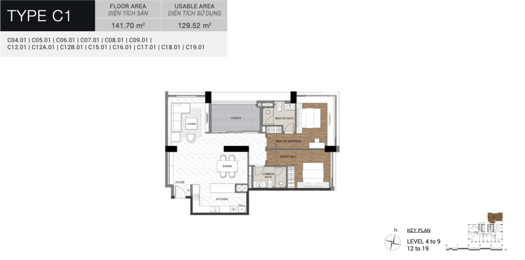 Layout căn hộ C1 2 phòng ngủ The Berkley Thảo Điền tầng 4-9 và 12-19 tối ưu ánh sáng và công năng