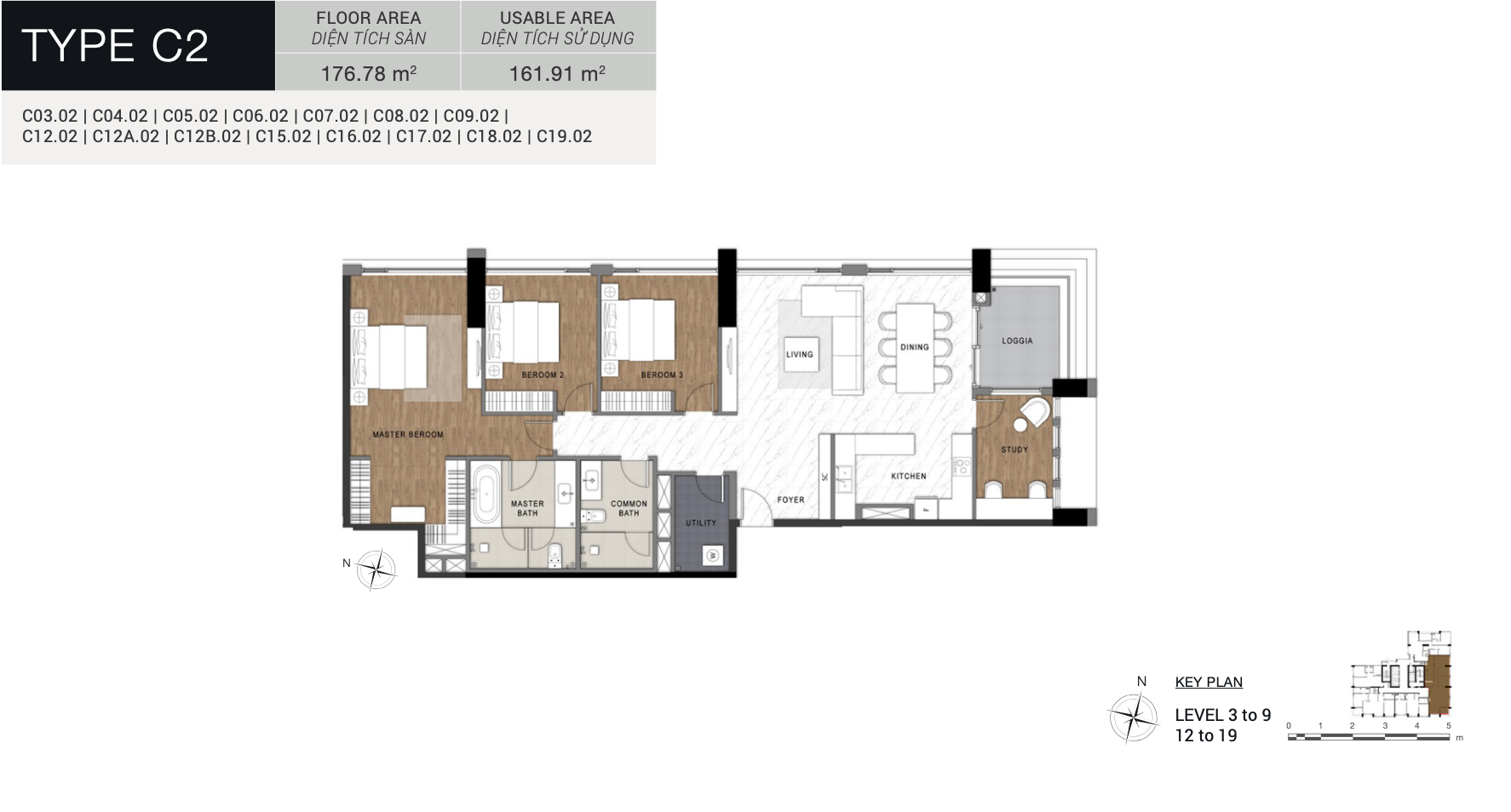 Layout căn hộ c2 4 phòng ngủ the berkley thảo điền tầng 3-9 và 12-19 diện tích lớn cao cấp