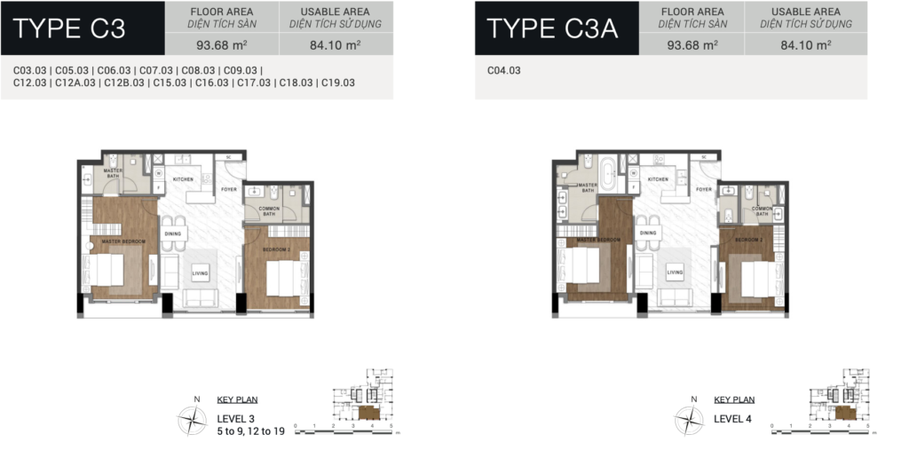 Layout căn hộ c3 c3a 2 phòng ngủ the berkley thảo điền diện tích 84m2 tối ưu không gian