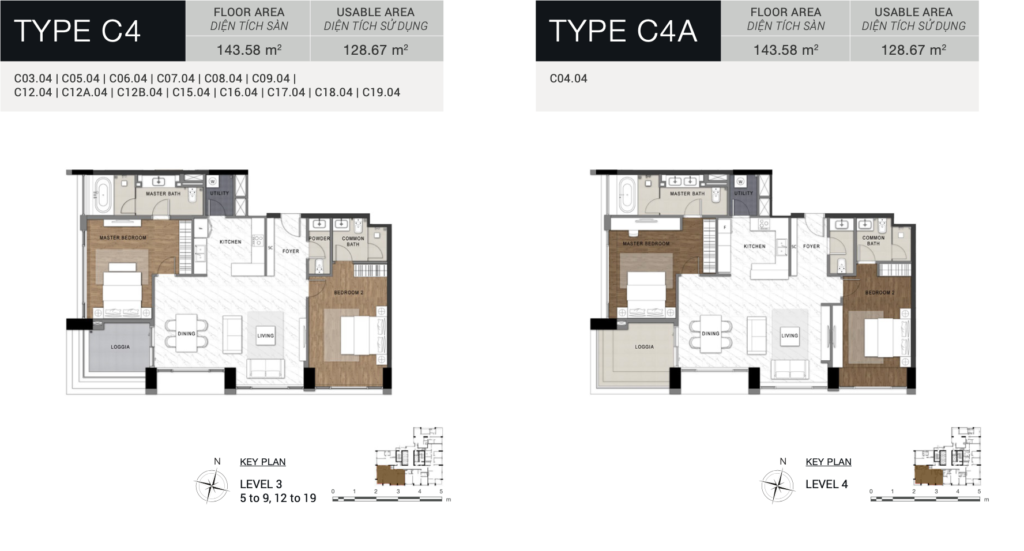 Layout căn hộ c4 c4a 2 phòng ngủ the berkley thảo điền diện tích 128m2 thiết kế rộng rãi