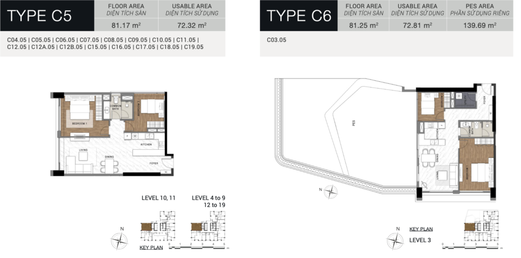 Layout căn hộ c5 c6 2 phòng ngủ the berkley thảo điền diện tích 72-81m2 thiết kế thông minh