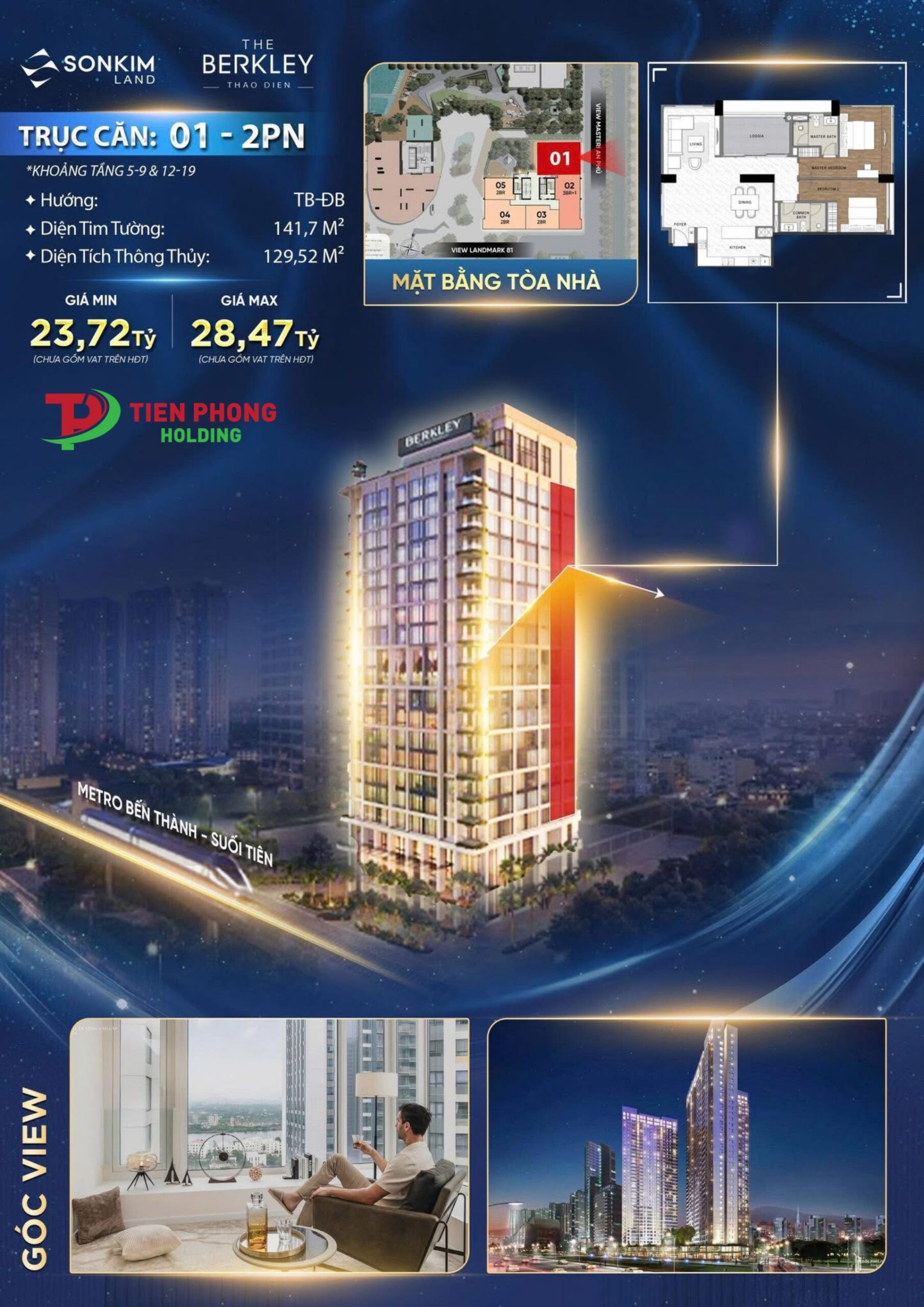 Giá bán The Berkley Thảo Điền căn hộ 2 phòng ngủ trục số 01 diện tích 141m2