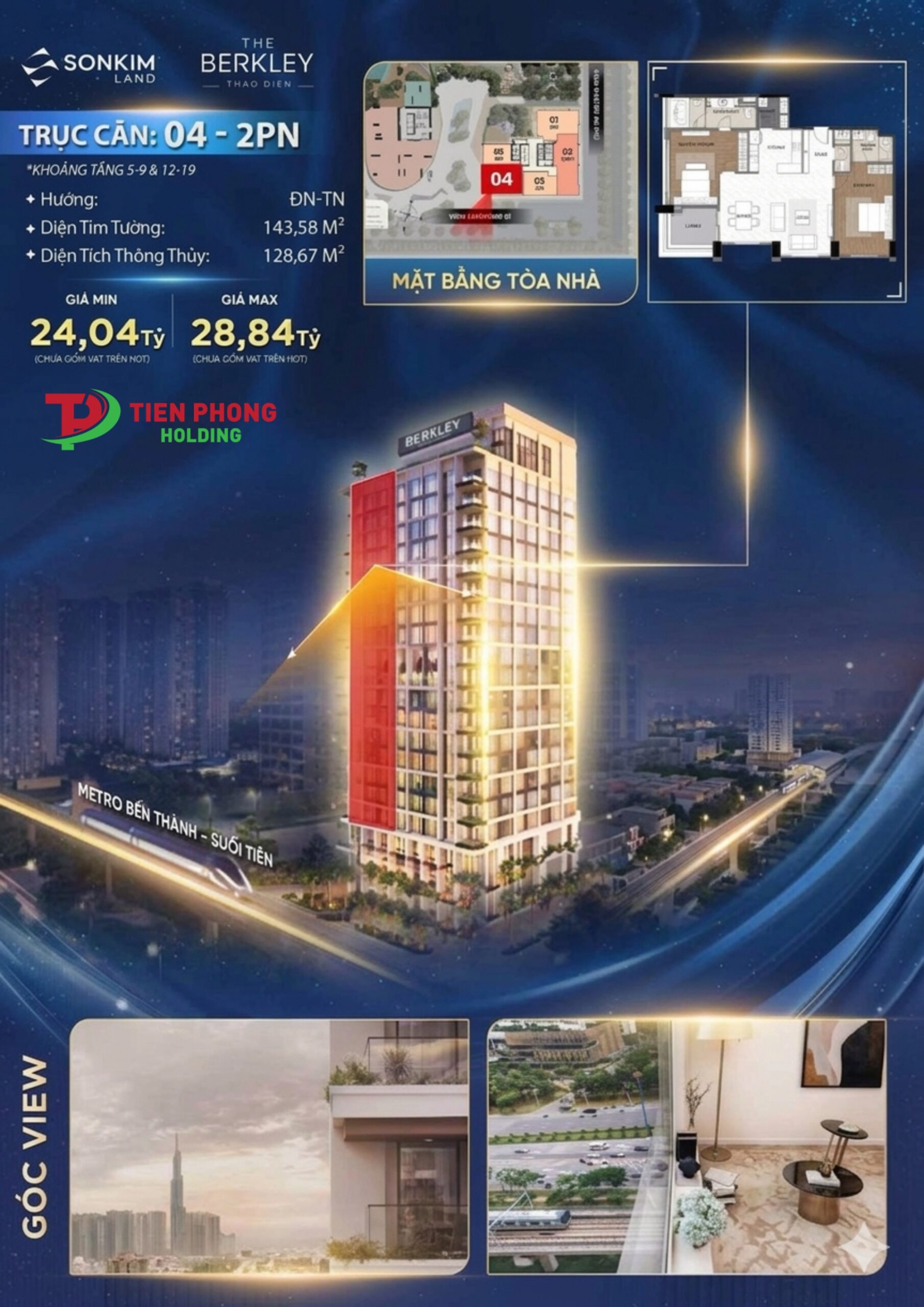 Bảng giá bán The Berkley Thảo Điền căn hộ 2 phòng ngủ trục 04 view Landmark 81