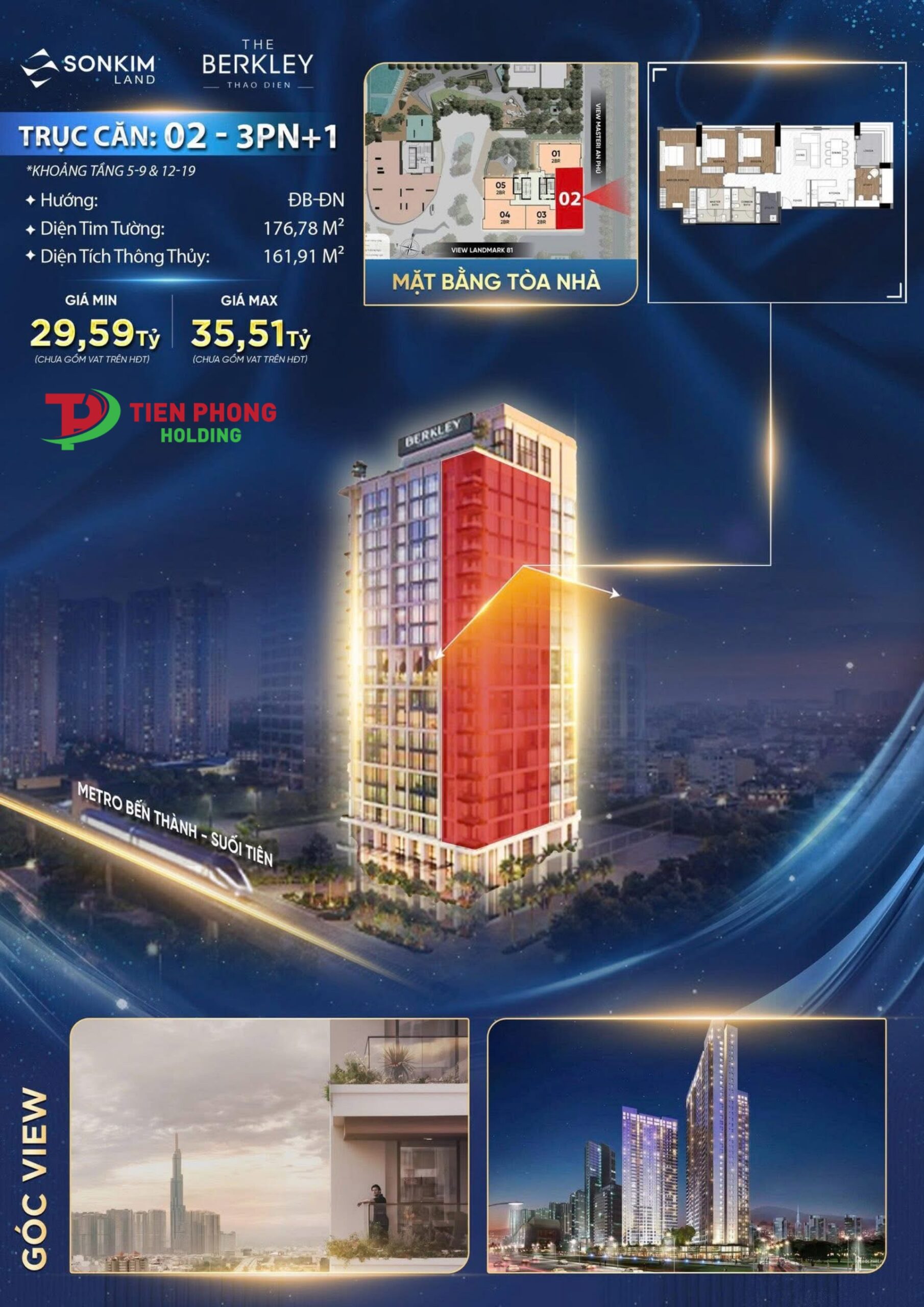 Giá bán căn hộ 3 phòng ngủ The Berkley Thảo Điền trục số 02 diện tích 176m2