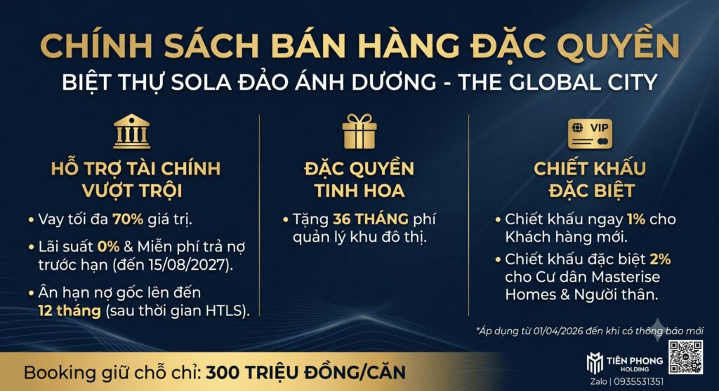 Bảng chi tiết chính sách bán hàng biệt thự Sola Đảo Ánh Dương The Global City cập nhật mới nhất 2026 từ Tiên Phong Holding