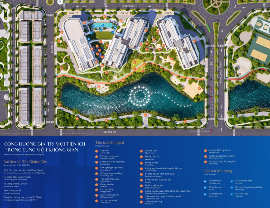 Phối cảnh tổng thể hệ tiện ích nội khu CT4 tại Masteri Cosmo Central, The Global City