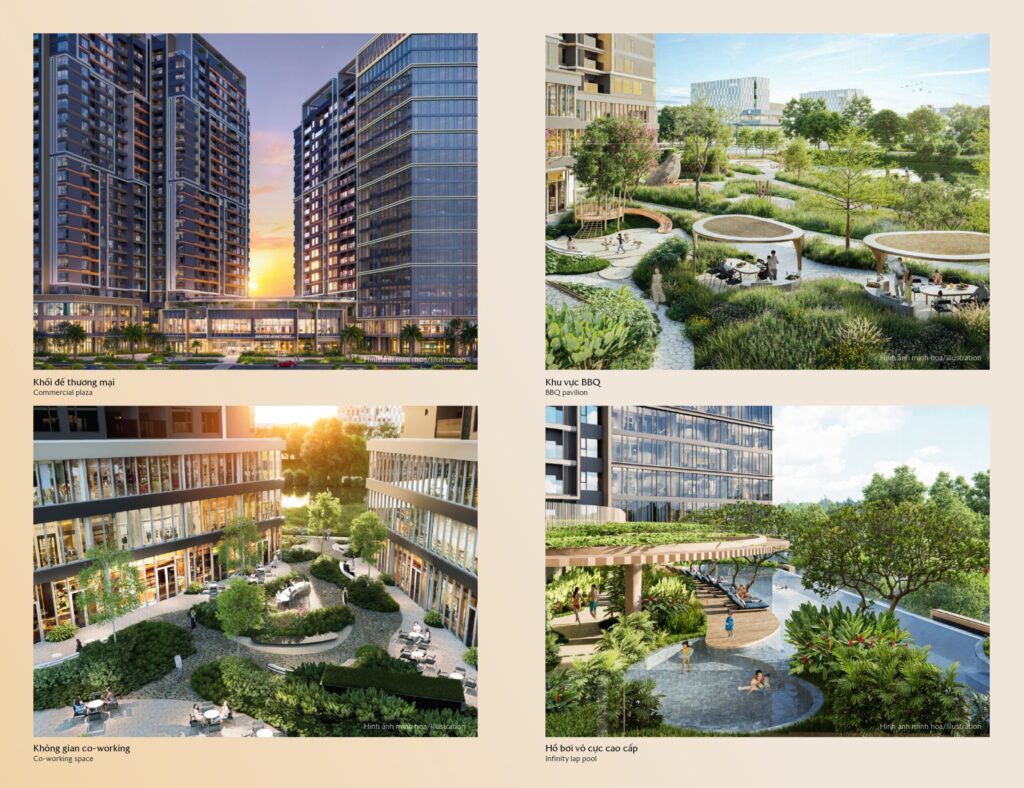 Phối cảnh 3D góc rộng của hồ bơi tràn bờ tại khối đế dự án, có view hướng về không gian xanh hoặc cảnh quan nội khu.