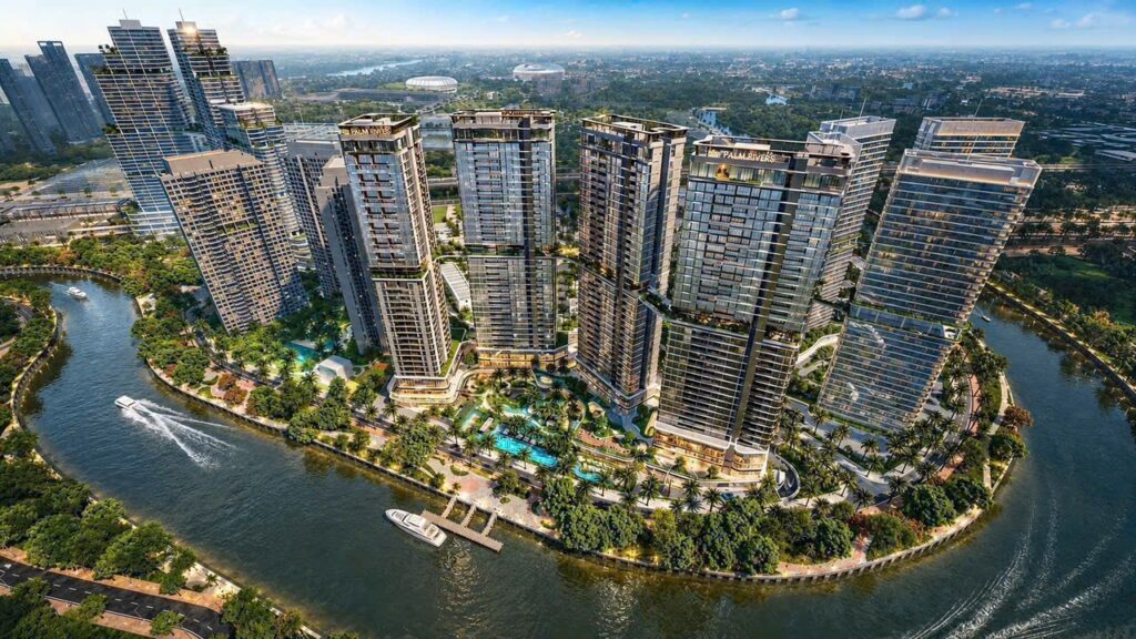 Phối cảnh không gian đô thị nghỉ dưỡng sinh thái ven sông tại dự án Palm River Palm City Nam Rạch Chiếc