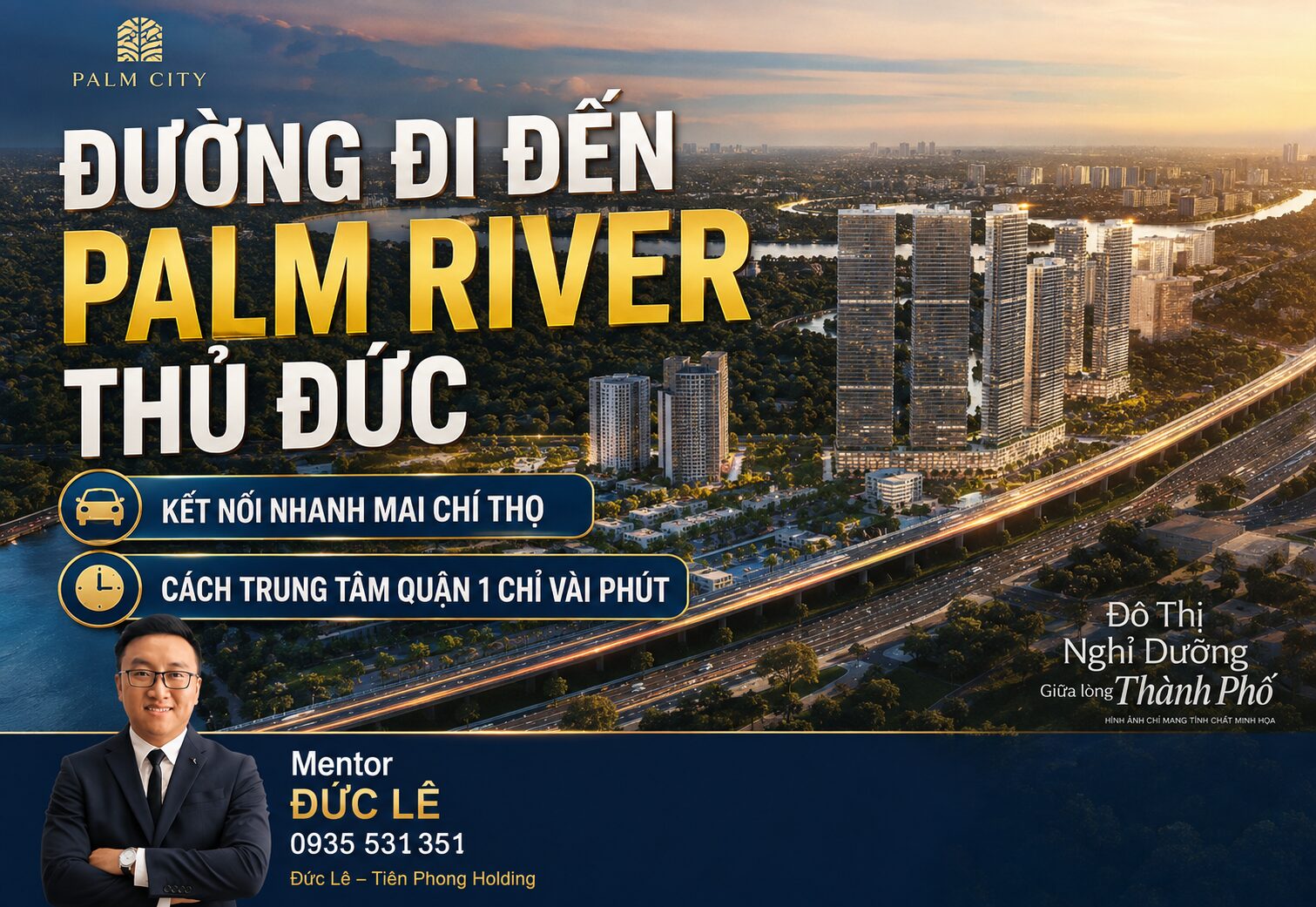 Phối cảnh tổng quan kết nối giao thông chiến lược của dự án palm river, làm nổi bật lợi thế hạ tầng sát tuyến depot ga metro số 2 và trục giao thông huyết mạch thủ thiêm - long thành