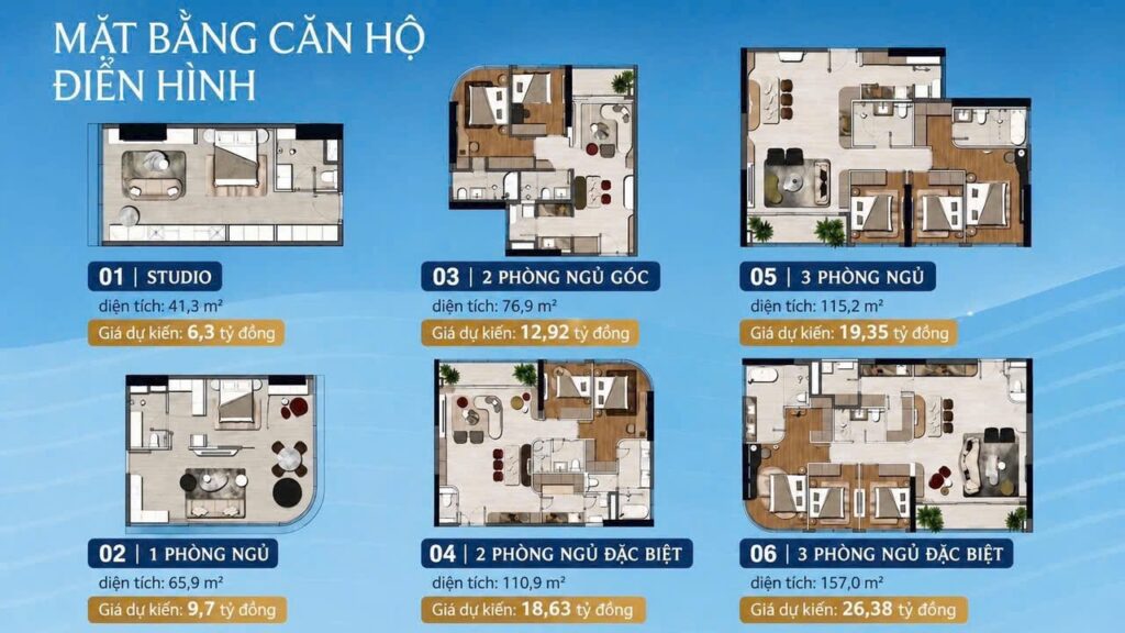 Sơ đồ mặt bằng căn hộ điển hình và bảng giá dự kiến các loại diện tích tháp T3 dự án Palm River