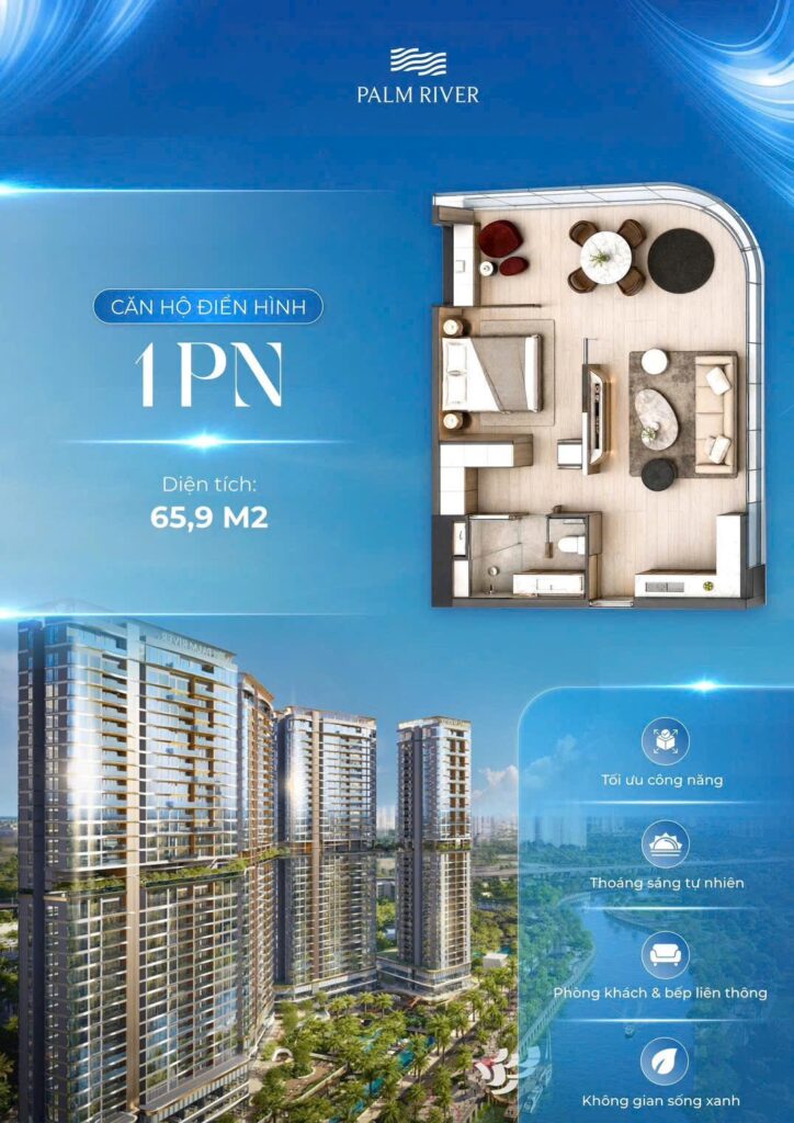 Bản vẽ layout chi tiết căn hộ 1 phòng ngủ 65,9m2 Palm River