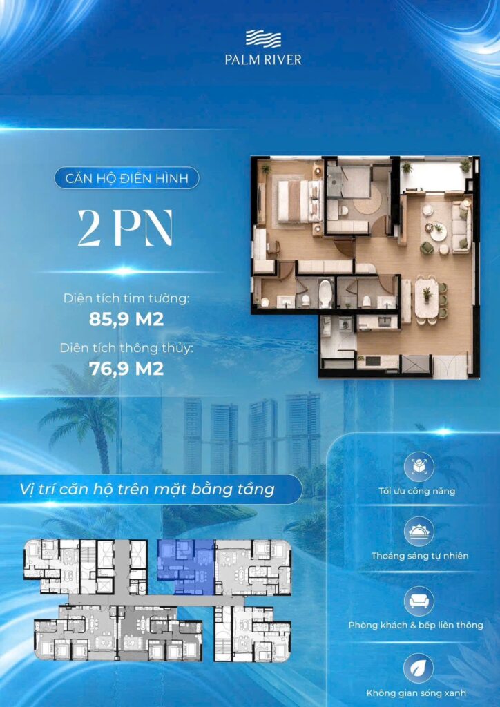 Sơ đồ layout căn hộ 2 phòng ngủ 85,9m2 tối ưu ánh sáng Palm River