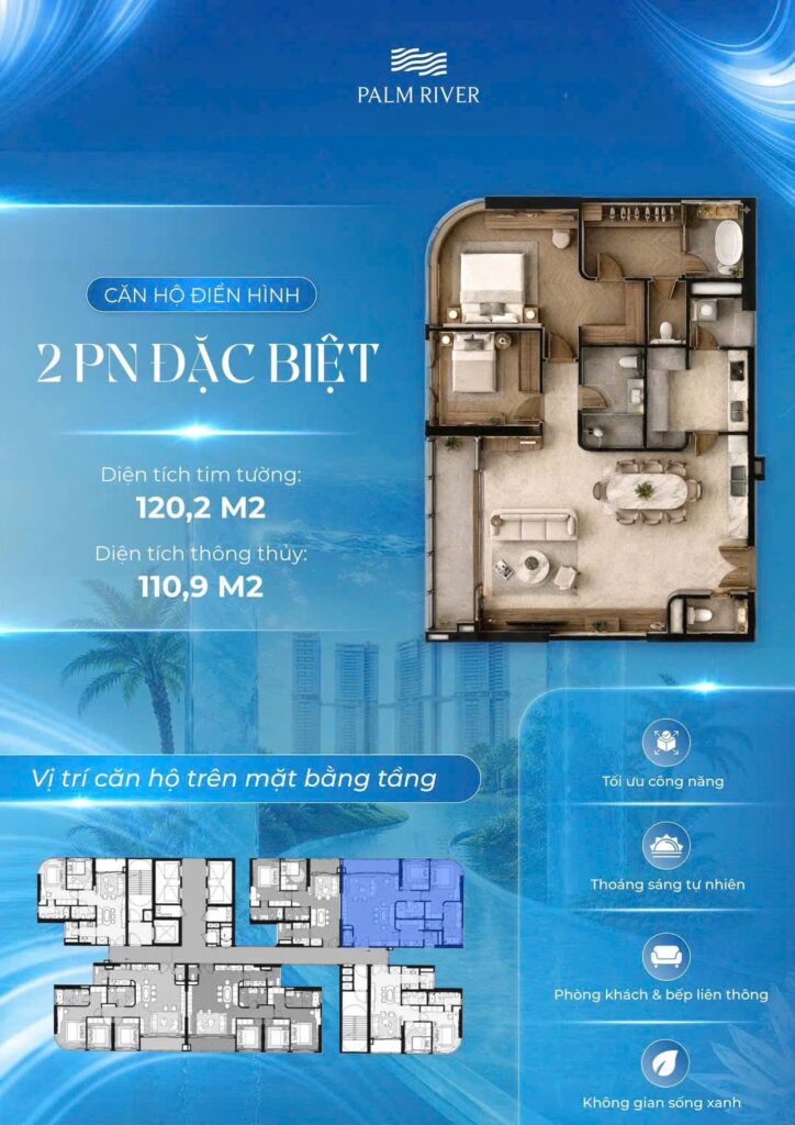 Bản vẽ thiết kế căn hộ 2 phòng ngủ đặc biệt diện tích 120,2m2 Palm River