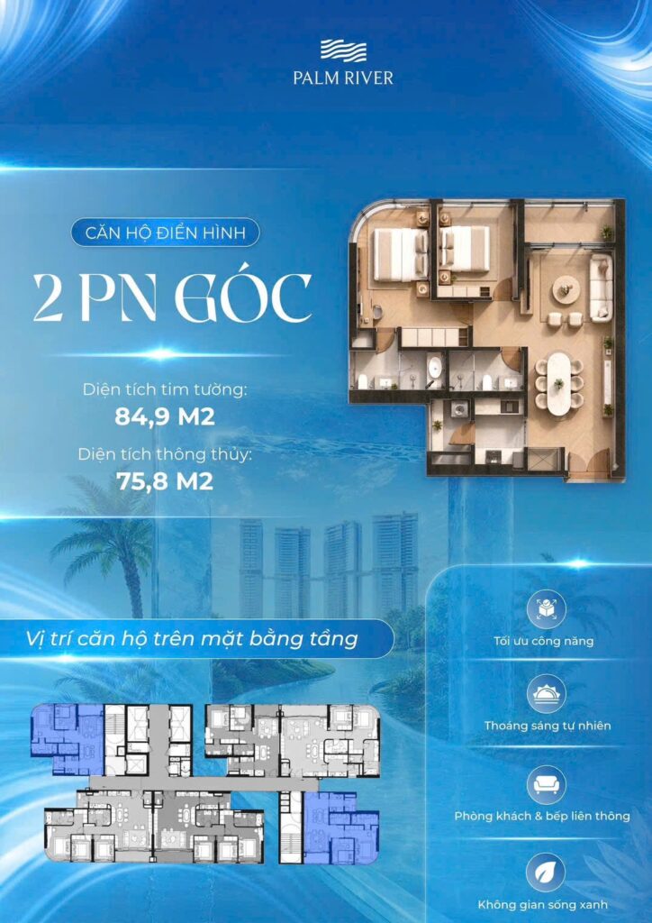 Căn góc Palm River 2PN 84,9m² – layout, mặt thoáng và hướng view