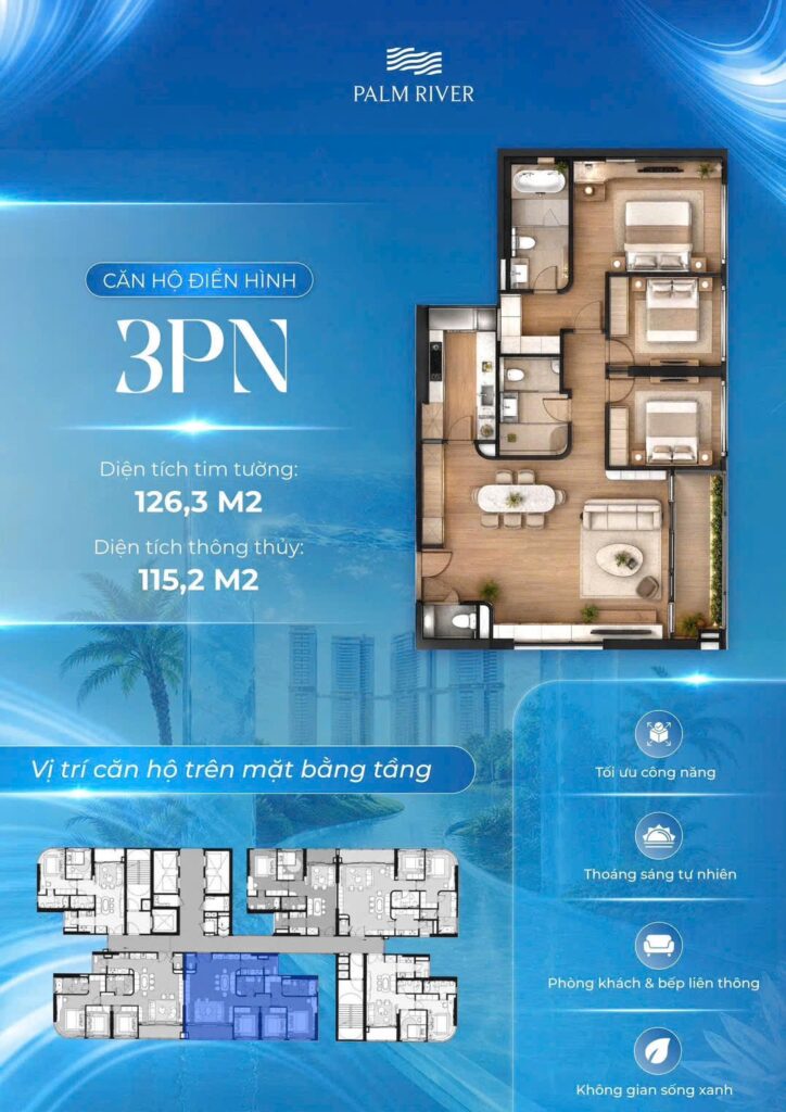 Sơ đồ layout căn hộ 3 phòng ngủ chuẩn 126,1m2 tại dự án Palm River