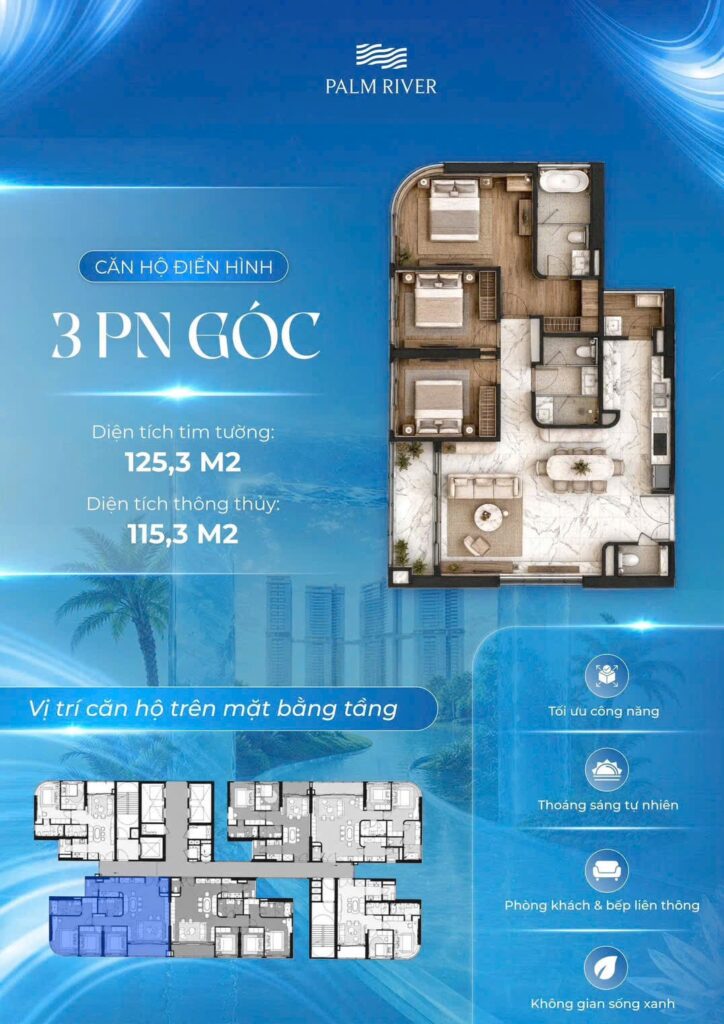 Bản vẽ thiết kế căn hộ 3 phòng ngủ đặc biệt lớn nhất 157m2 Palm River