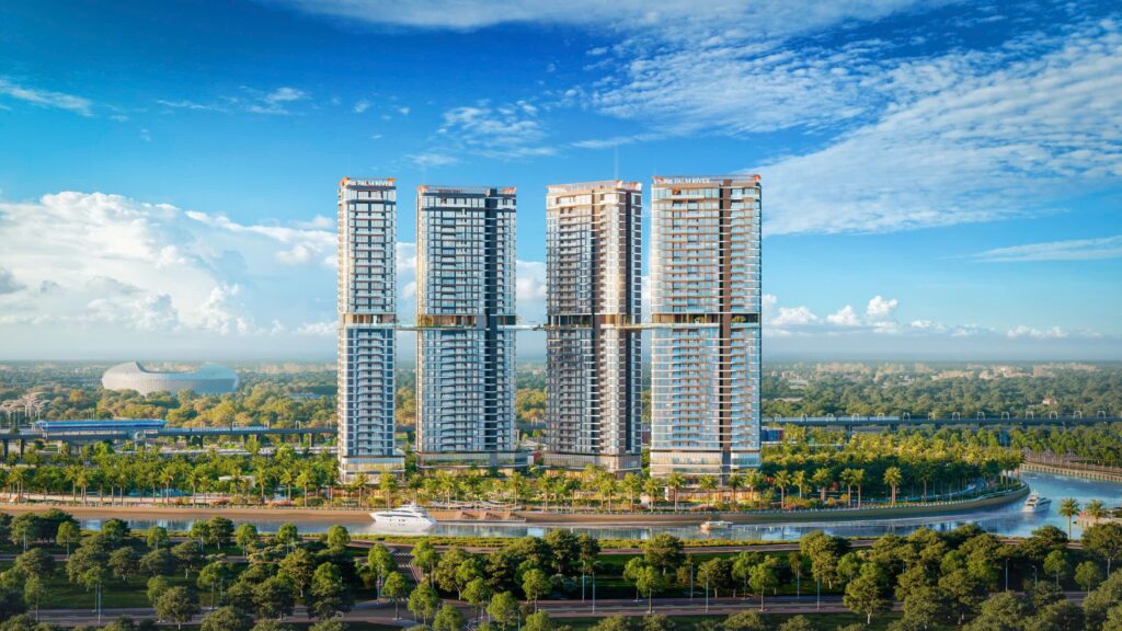 Phối cảnh tổng thể 4 tòa tháp dự án Palm River thuộc khu đô thị Palm City Nam Rạch Chiếc