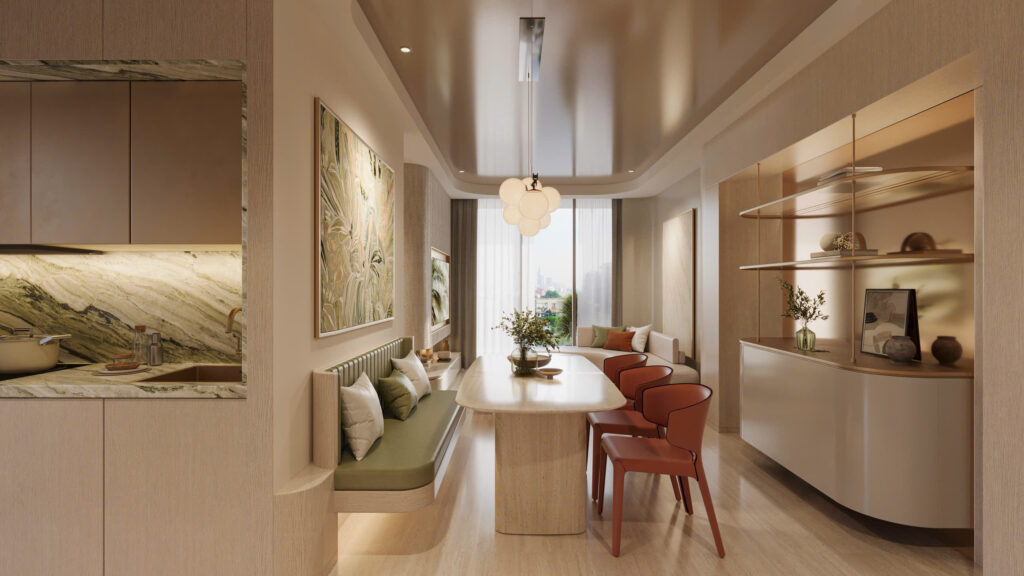 Phối cảnh không gian liên thông phòng khách và phòng ăn căn hộ cao cấp Palm River