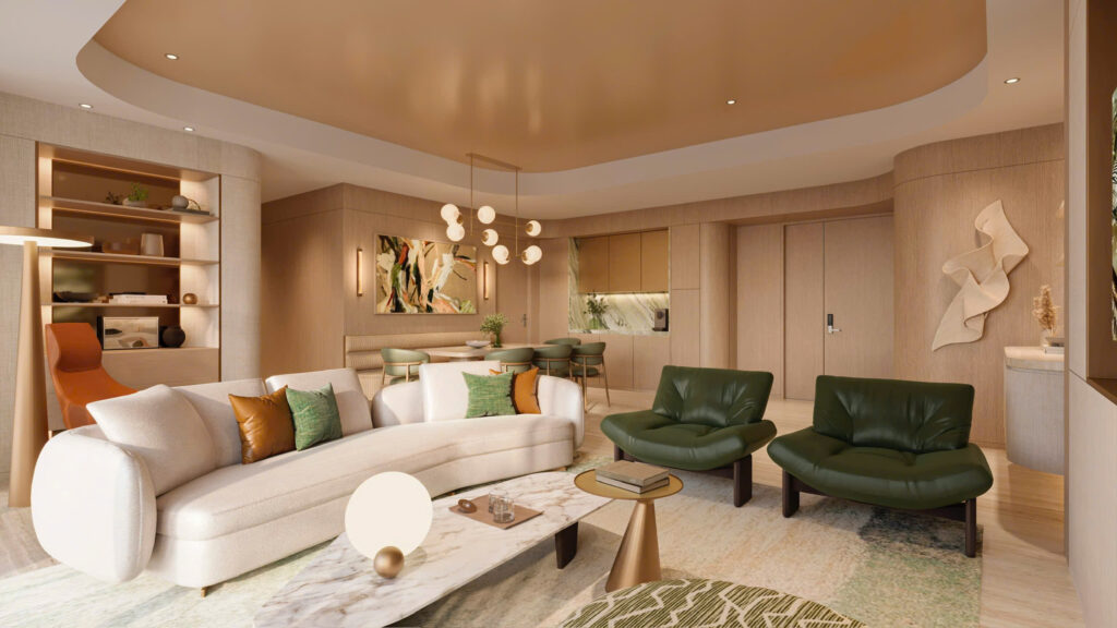 Phối cảnh thiết kế nội thất phòng khách hiện đại và sang trọng tại căn hộ Palm River