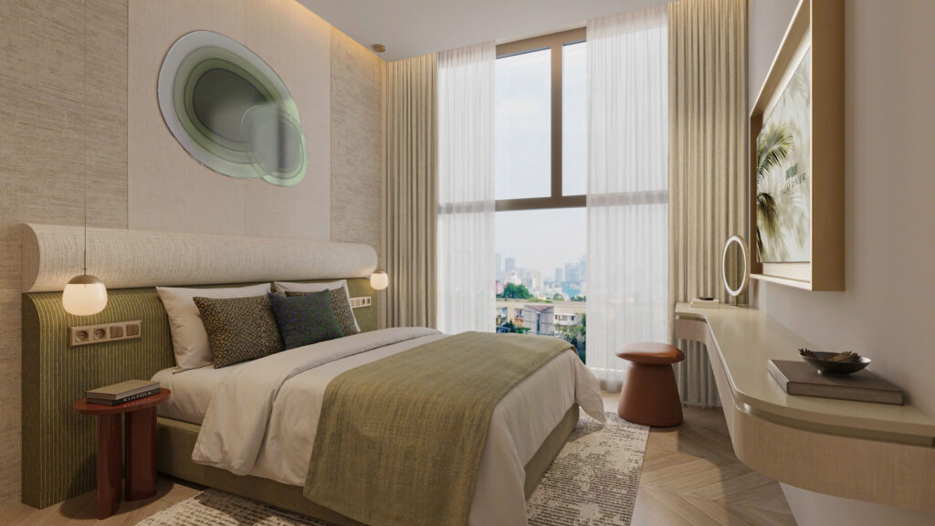 Phối cảnh không gian phòng ngủ ấm cúng và tiện nghi tại căn hộ Palm River
