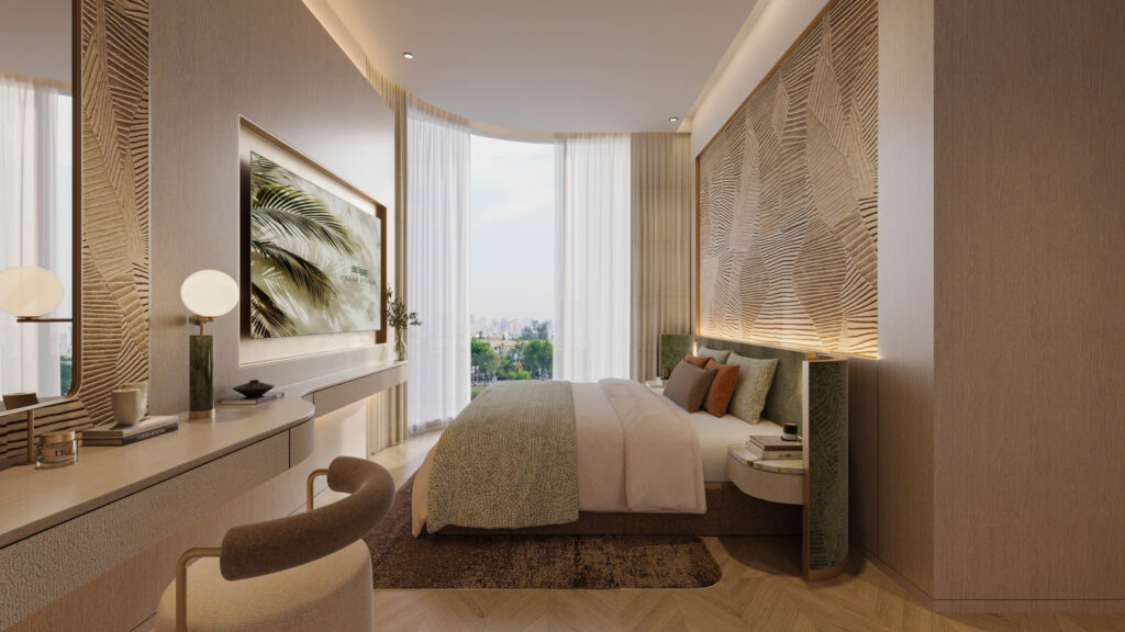 Thiết kế phòng ngủ căn hộ Palm River với hệ kính cong độc đáo mở rộng tầm nhìn