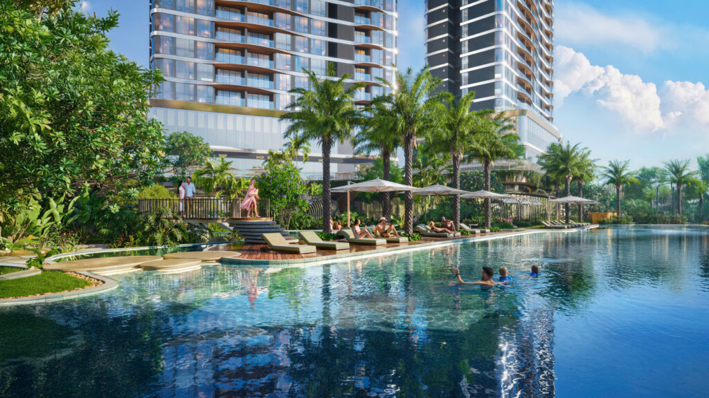 Hệ thống tiện ích nghỉ dưỡng và hồ bơi nội khu tại dự án căn hộ Palm River